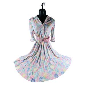 Vintage Miss Oops California  Floral Button-Down Dress With Belt Pastel Pink & B